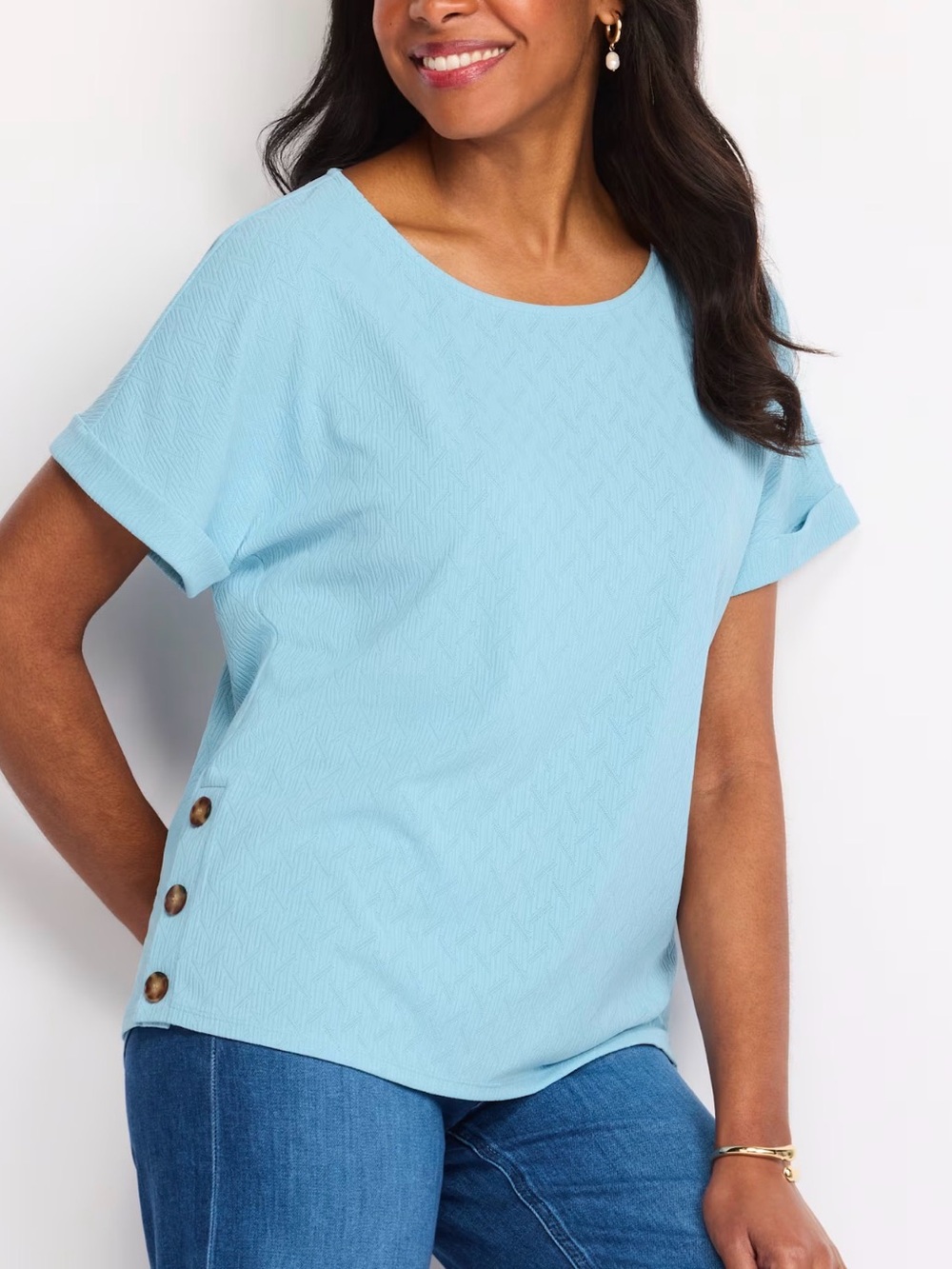 FORTUNE + IVY Eloise Textured Button Detail Knit Top - Light Blue - L